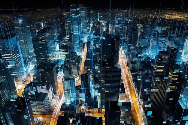 Aerial view of a vibrant cityscape at night