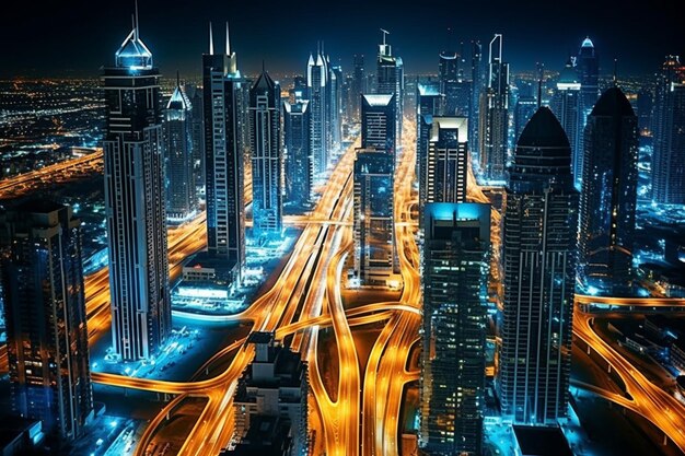 Aerial view of a vibrant cityscape at night