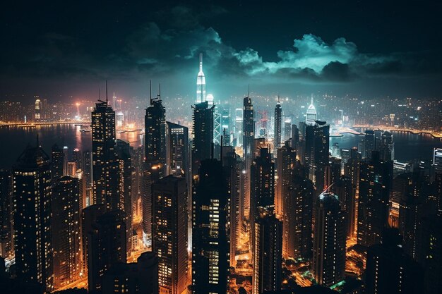 Aerial view of a vibrant cityscape at night