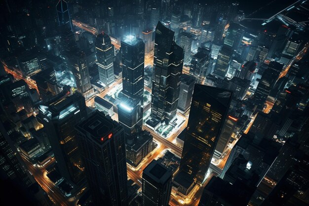 Aerial view of a vibrant cityscape at night