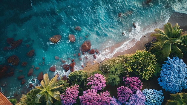 Photo aerial view of a vibrant coastal landscape with flourishing flowers peaceful beach scene for travel and nature concepts perfect for wallpapers and backgrounds ai