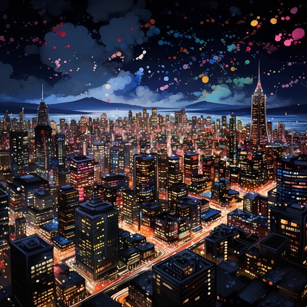 Aerial View of a Vibrant Night Cityscape