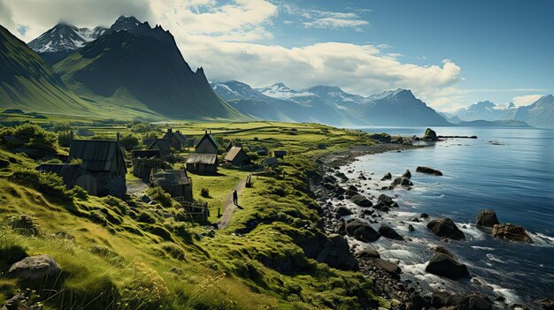 Aerial View Of A Viking Village With Vestrahorn Mountain And Coastal Landscape