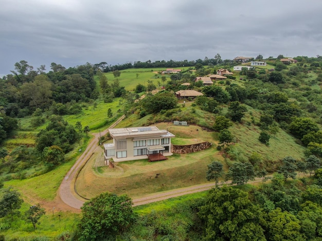 Aerial view of villa in the tropical valley of Monte Alegre Do Sul Brazil Countryside destination