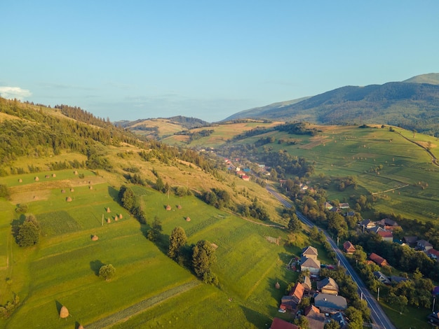 Aerial view of the village in carpathian mountains Ukraine