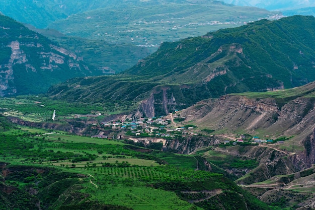 Aerial view of a village in a mountain valley among gardens and fields