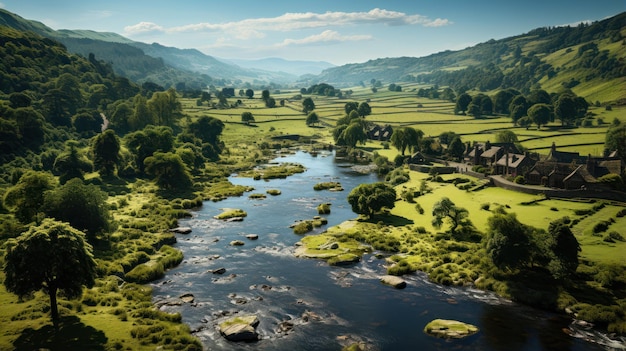 Aerial view of village with river peak district national park and green fields