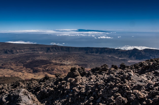 Aerial view of volcano El Teide National park Main landmark on Tenerife Canary Islands Spain