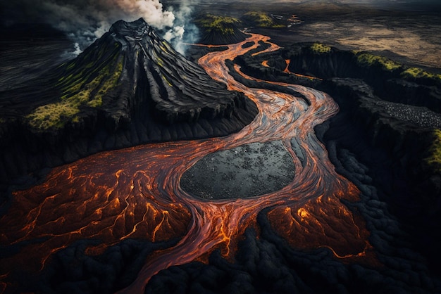An aerial view of a volcano with lava flowing down it generative ai
