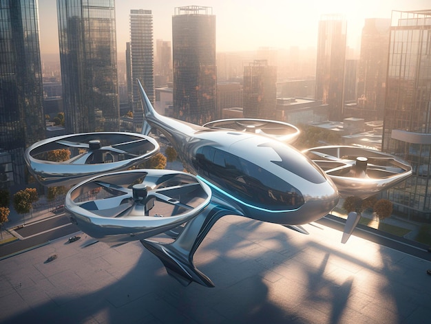 Aerial View of VTOL Aircraft Hovering Over Sunny Metropolis