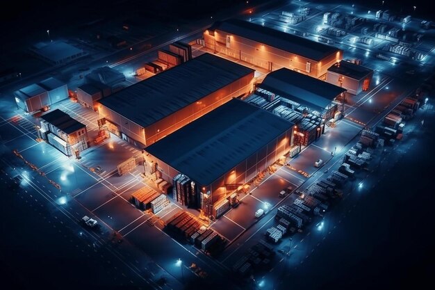 Photo an aerial view of a warehouse at night