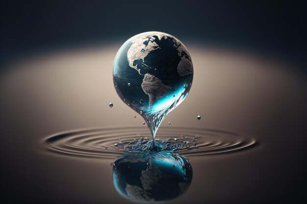 地球の反射を伴う、水域に落ちる水滴の航空写真。