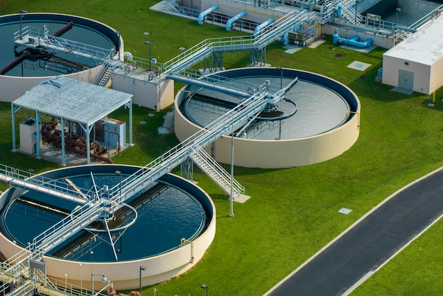 Aerial view of water treatment factory at city wastewater cleaning facility Purification process of removing undesirable chemicals suspended solids and gases from contaminated liquid