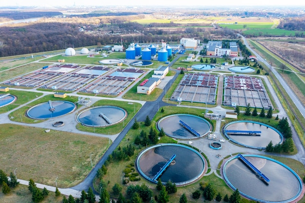 Photo aerial view of the water treatment plant purification of urban industrial waters