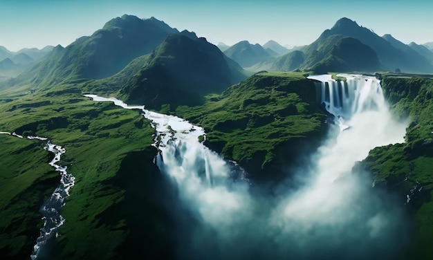 aerial_view_waterfall_falling_from_hills_landscape