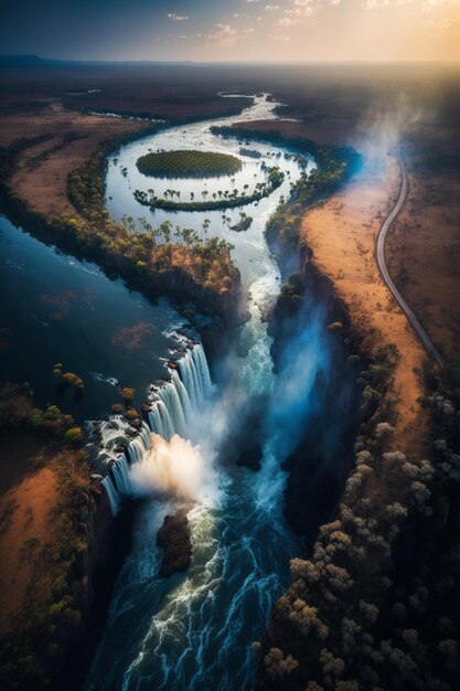 Aerial view of a waterfall with a river running through it generative ai