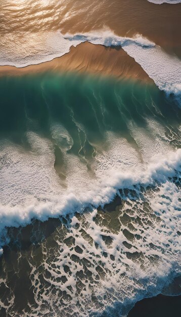 Aerial view of the waves breaking on the beach at sunset