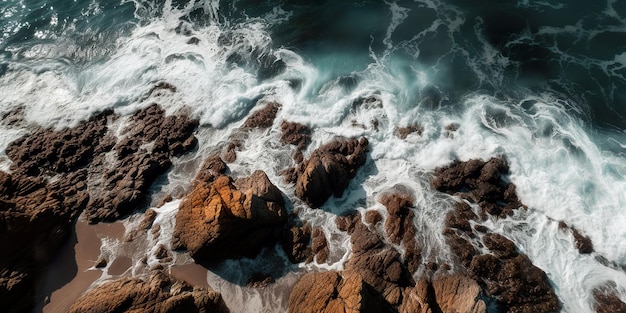 An aerial view of waves on the rocks