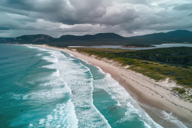 Aerial view of waves rolling on the shoreline Albany Western Australia Australia