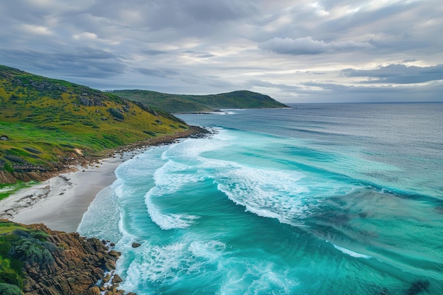 Aerial view of waves rolling on the shoreline Albany Western Australia Australia