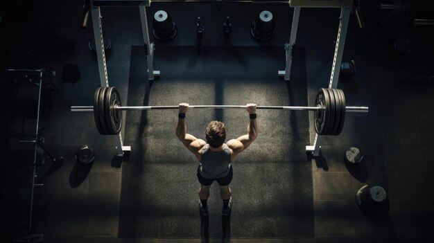 Aerial view of a weightlifter raising a barbell in a welllit gym