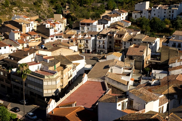 Aerial view of white houses and clay tiles, Villafames rural villa in Castellon, Valencia region in Spain