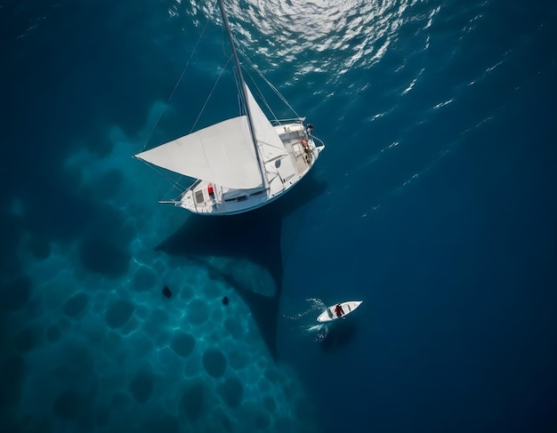 Aerial view of a white sailboat on clear blue water with a small inflatable boat