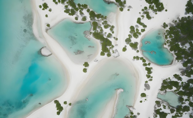 an aerial view of a white sand beach and trees Generative AI