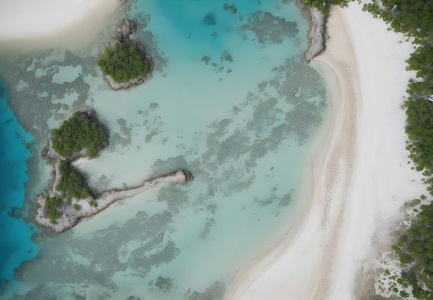 an aerial view of a white sand beach and trees Generative AI
