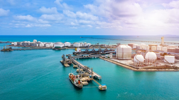 Aerial view white storage tank of oil and gas and petrochemical products ready for logistic 