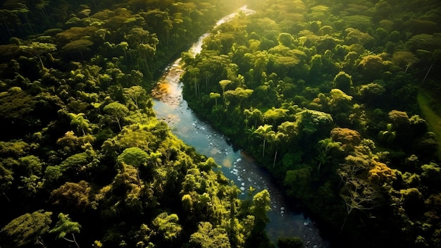 The aerial view of wide river through a green tropical forest Generative AI