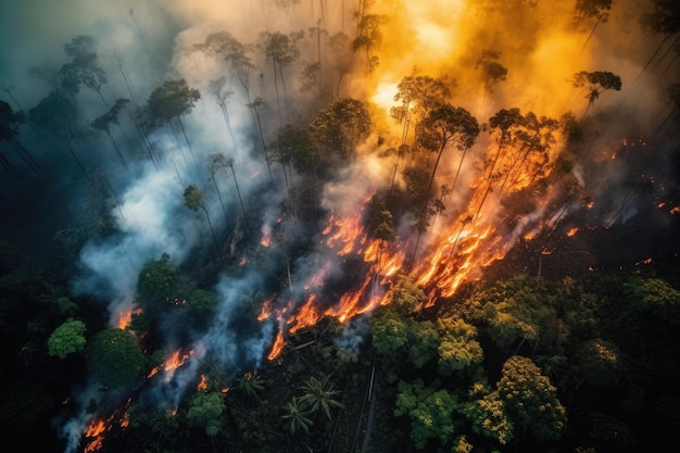 Aerial view wildfire in woods draught and hot weather AI Generated