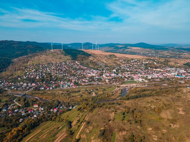 Aerial view of wind turbine electricity plant green energy