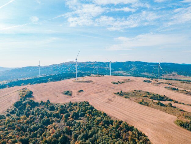 Aerial view of wind turbine electricity plant green energy