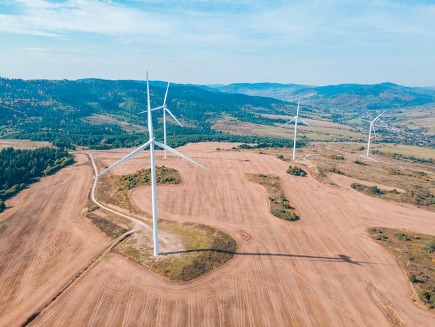 Aerial view of wind turbine electricity plant green energy