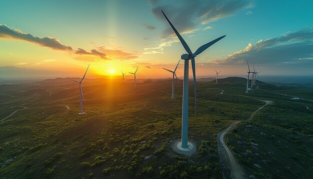 Aerial view of wind turbines against a distant sunset capturing the beauty of sustainable energy in a serene landscape composting and waste reduction picture