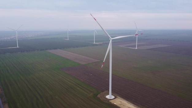 Aerial view of wind turbines and agriculture field near the sea at sunset