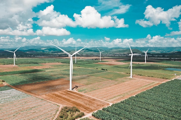 An aerial view of Wind Turbines in the windfarm of Santa Isabel, Puerto Rico