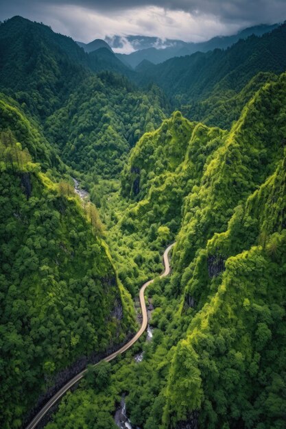 Aerial view of a winding mountain trail through lush forest created with generative ai