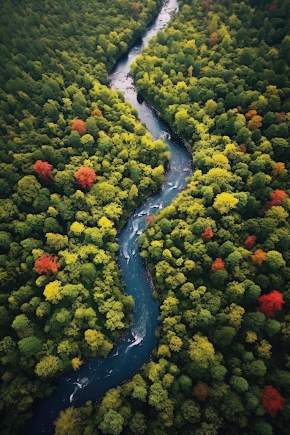 Aerial view of a winding river in a dense forest created with generative ai