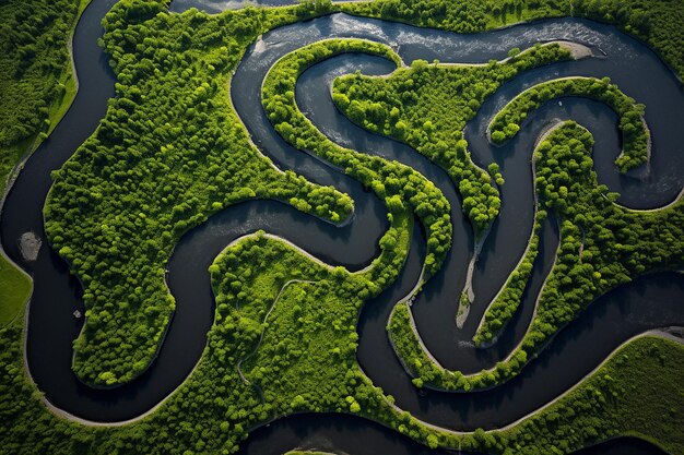 Foto vista aerea di un fiume tortuoso che attraversa terreni agricoli