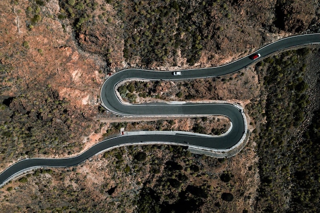 aerial view of winding road amidst land