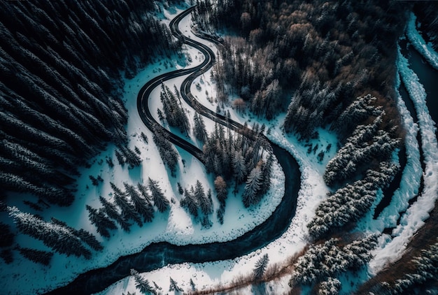 Aerial view of a winding road crossing a rushing river in a forest blanketed with snow