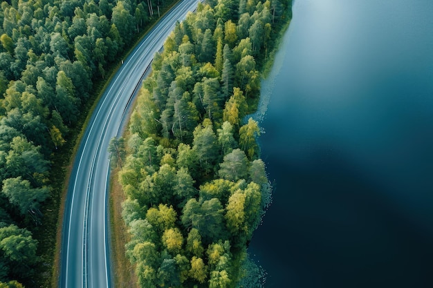 숲 속 구불구불한 도로의 공중 전망