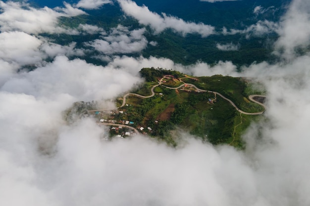 Aerial view Winding road, the way up the mountain to Phu Thap Boek tourist, Phetchabun, Thailand