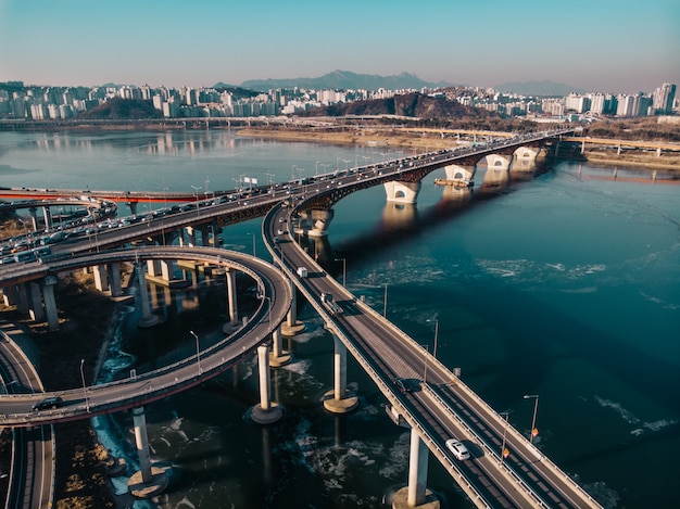 Aerial view on winter bridge in Seoul