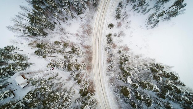 冬の田舎の風景 雪の森の空中写真 ドローンで上から撮影した空中写真