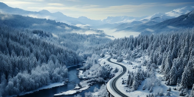 Aerial view of a winter snowcovered road with Serpentine Switchbacks in a forest