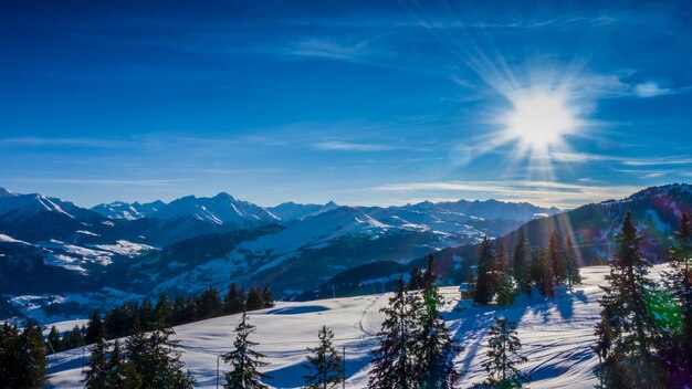 Фото Зарубежный вид зимняя страна чудес в альпах с горным шале на закате швейцария