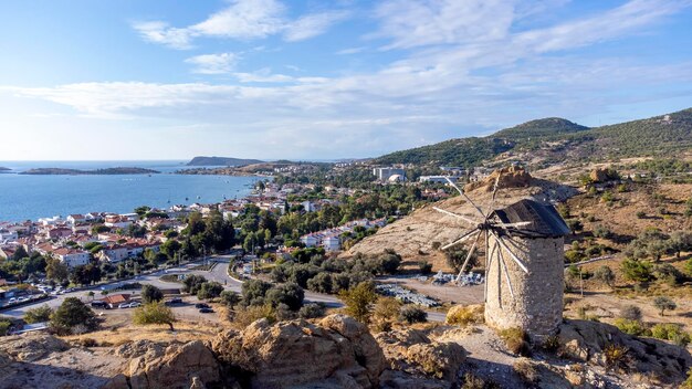 Aerial view with drone windmills of Foca Town in Izmir Turkey